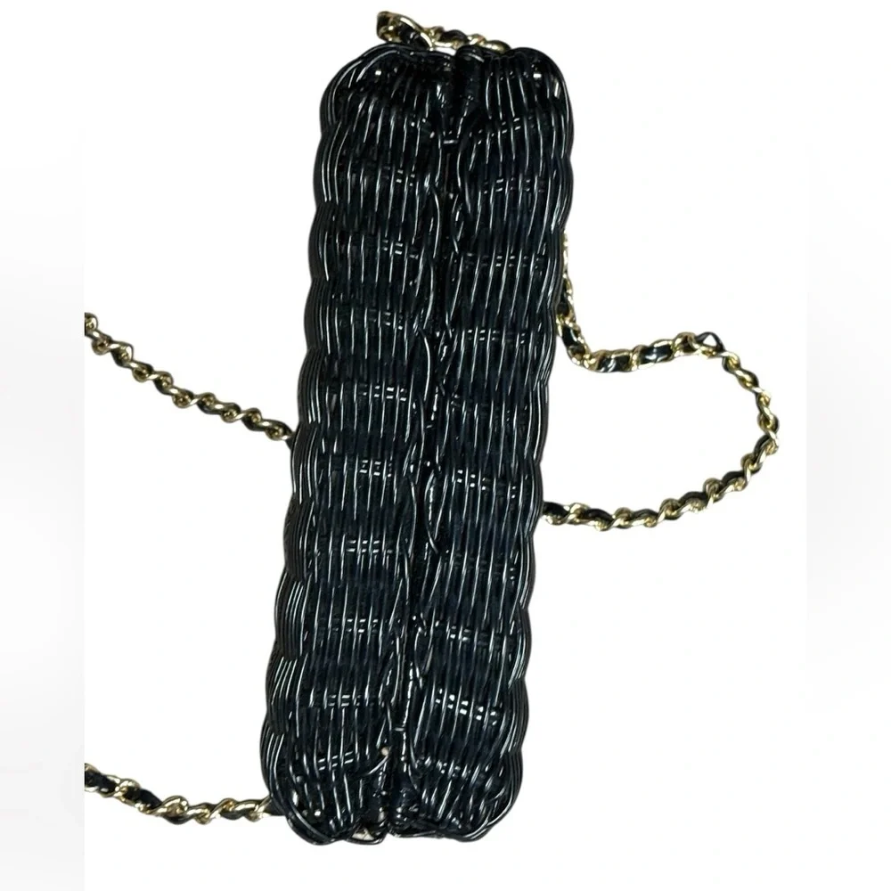 Vintage Black Woven Chain Strap Evening Purse Gold Hardware Clutch Crossbody